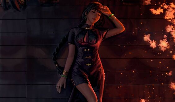 Обои на рабочий стол Девушка в платье стоит у стены, by GUWEIZ