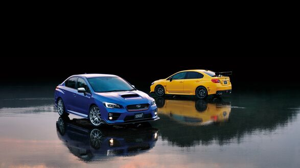 Обои на рабочий стол Синяя и Желтая Subaru WRX STI