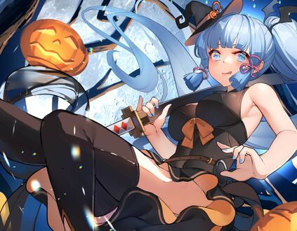Обои на рабочий стол Kamisato Ayaka / Камисато Аяка из игры Genshin Impact в ночь хеллоуина