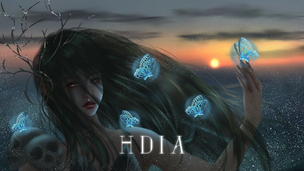 Обои для рабочего стола Фэнтезийная девушка-брюнетка с красными глазами стоит на фоне закатного неба с голубыми бабочками, by HDIA