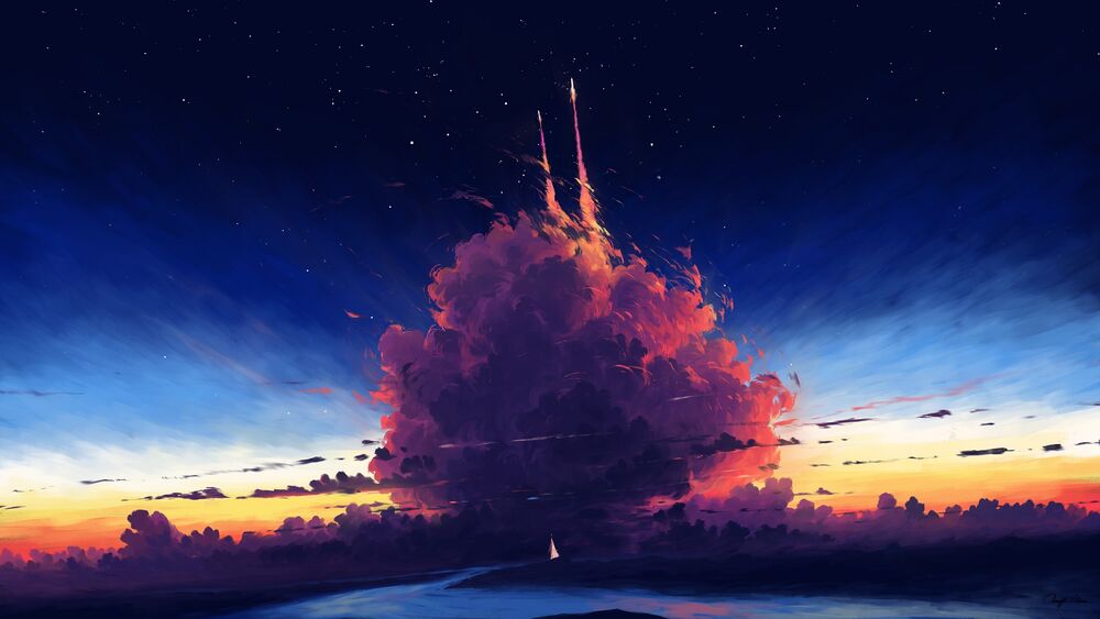 Обои для рабочего стола Облако дыма от взлетевших ракет в небо, digital art by BisBiswas