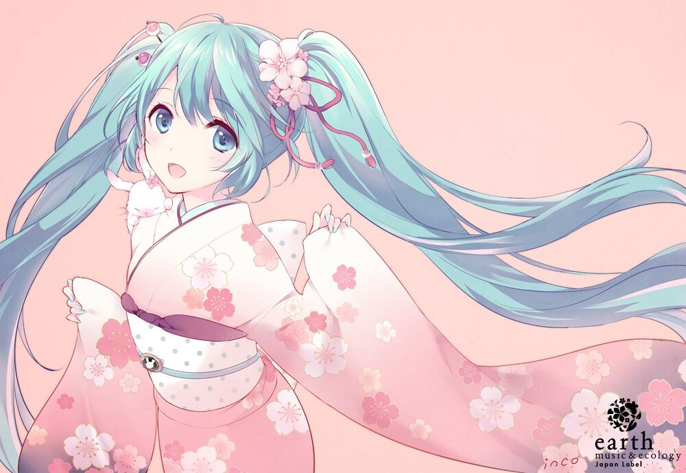 Обои для рабочего стола Vocaloid Hatsune Miku / Вокалоид Хатсунэ Мику в розовом японском кимоно, с белым кроликом на плече