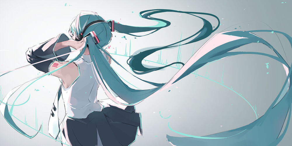 Обои для рабочего стола Vocaloid Hatsune Miku / Вокалоид Хатсунэ Мику слушает музыку