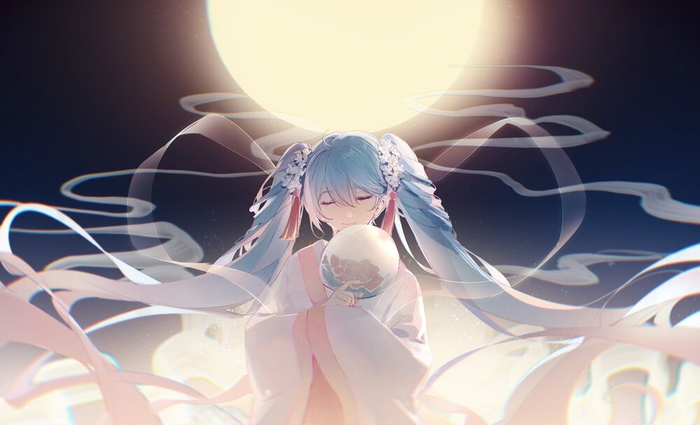 Обои для рабочего стола Vocaloid Hatsune Miku / Вокалоид Хатсунэ Мику с веером в руке, одетая в традиционную одежду