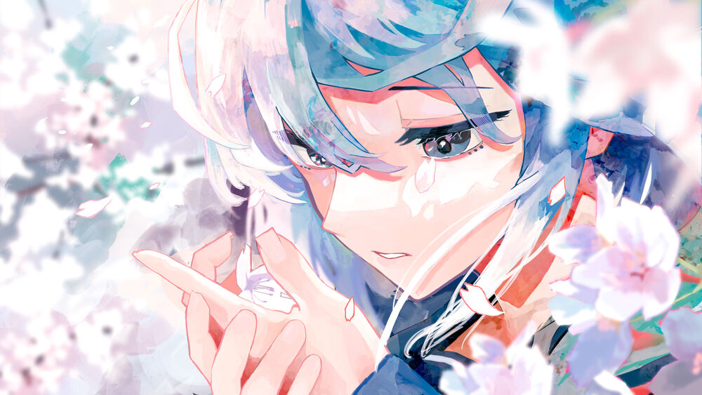 Обои для рабочего стола Vocaloid Hatsune Miku / Вокалоид Хатсунэ Мику смотрит на цветок сакуры, лежащий у нее на ладони