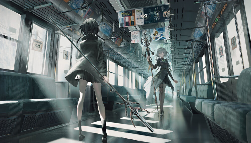Обои для рабочего стола Две девушки с магическими посохами стоят в вагоне поезда, by SWAV