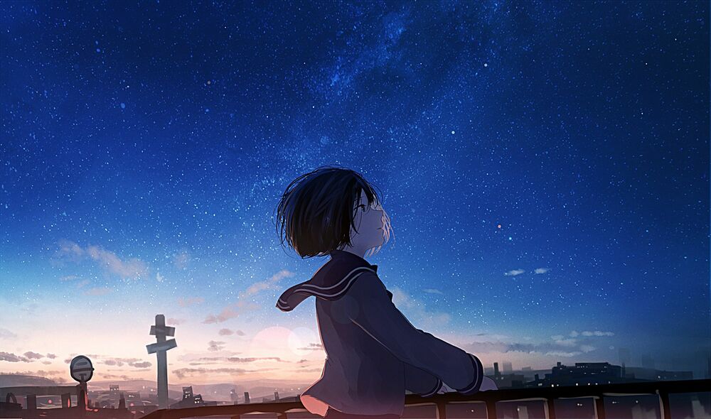 Обои для рабочего стола Темноволосая девушка в школьной форме смотрит на звездное небо