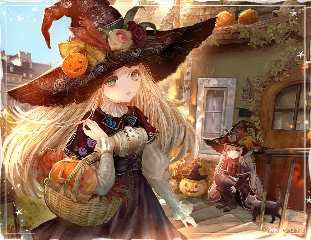 Обои для рабочего стола Девушка в ведьмовской шляпе с корзиной в руке в канун Хэллоуина, by komorihikki