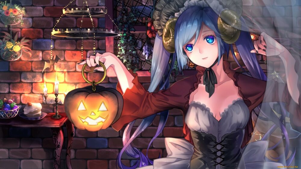 Обои для рабочего стола Vocaloid Hatsune Miku / Вокалоид Хатсунэ Мику с фонарем Джека в руке