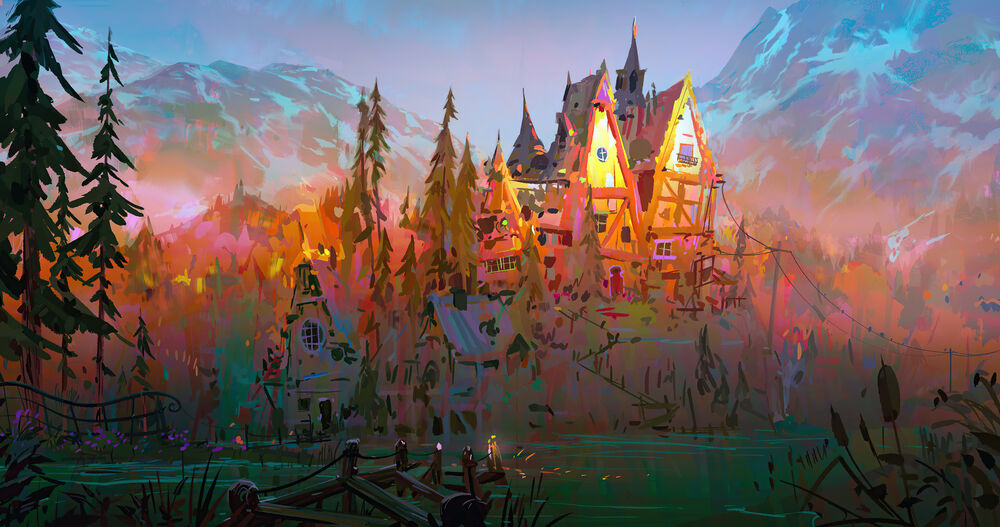 Обои для рабочего стола Волшебный поселок в горах на берегу реки, digital art by Gabriel Gomez