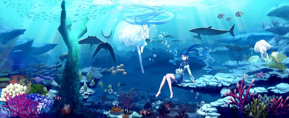 Обои для рабочего стола Две Vocaloid Hatsune Miku / Вокалоид Хатсунэ Мику под водой, среди морских обитателей и статуи