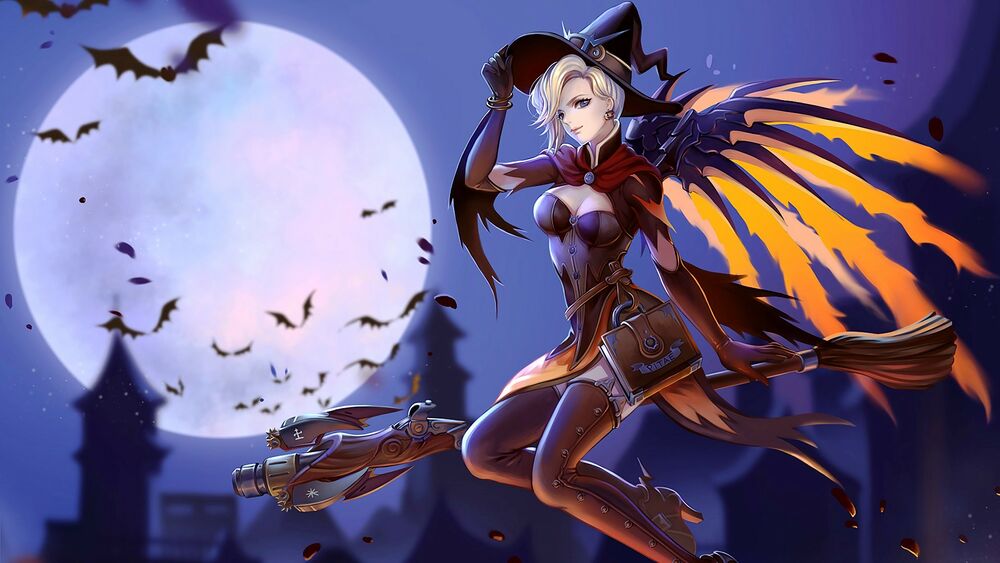 Обои для рабочего стола Mercy / Ангел / Angela Ziegler / Ангела Циглер из игры Overwatch / Дозор в Halloween / Хэллоуин на фоне луны