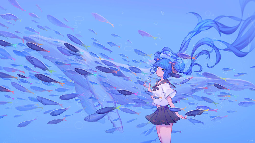 Обои для рабочего стола Vocaloid Hatsune Miku / Вокалоид Хатсунэ Мику на фоне морских живностей