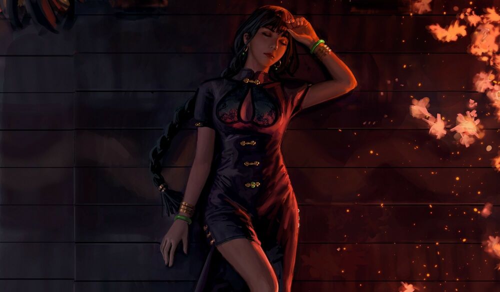 Обои для рабочего стола Девушка в платье стоит у стены, by GUWEIZ