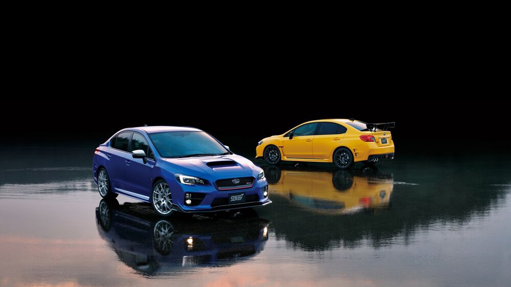 Обои для рабочего стола Синяя и Желтая Subaru WRX STI