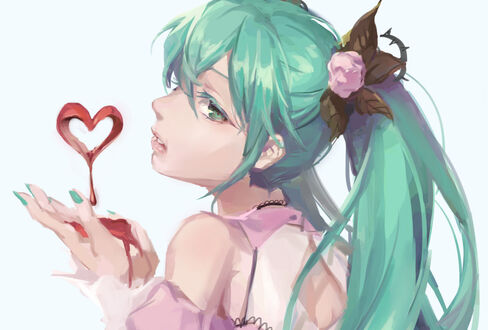 Обои на рабочий стол Vocaloid Hatsune Miku / Вокалоид Хатсунэ Мику с сердцем из крови на руками