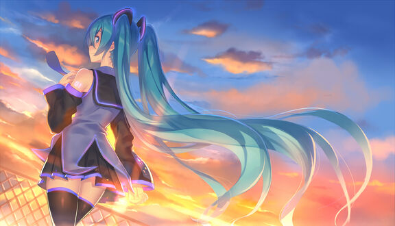 Обои на рабочий стол Vocaloid Hatsune Miku / Вокалоид Хатсунэ Мику стоит на фоне неба с облаками и солнцем