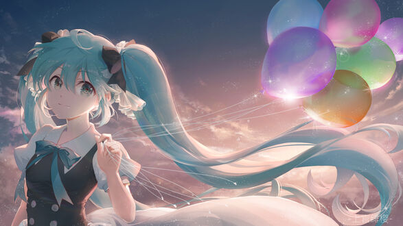 Обои на рабочий стол Vocaloid Hatsune Miku / Вокалоид Хатсунэ Мику с воздушными шарами