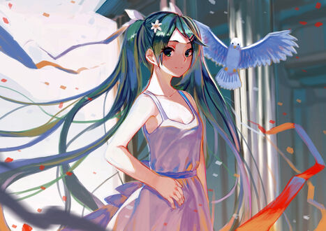 Обои на рабочий стол Vocaloid Hatsune Miku / Вокалоид Хатсунэ Мику, рядом белый голубь