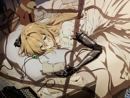 Обои на рабочий стол Violet Evergarden / Вайолет Эвергарден лежит на кровати держа в руке письмо, главная героиня из аниме Violet Evergarden / Вайолет Эвергарден, art by Yuuri-622
