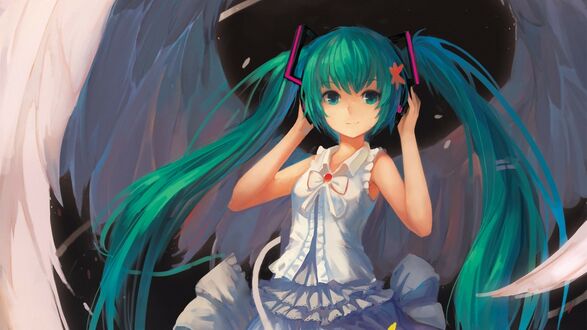 Обои на рабочий стол Vocaloid Hatsune Miku / Вокалоид Хатсунэ Мику с белыми ангельскими крыльями