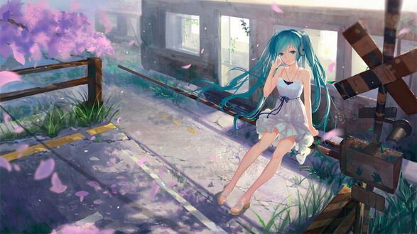 Обои на рабочий стол Vocaloid Hatsune Miku / Вокалоид Хатсунэ Мику сидит на шлагбауме у дорожного тупика
