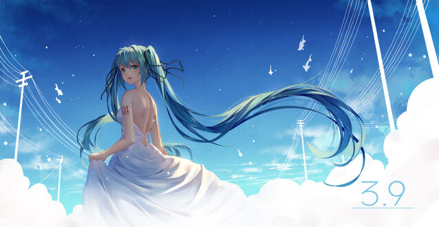 Обои на рабочий стол Vocaloid Hatsune Miku / Вокалоид Хатсунэ Мику в свадебном платье под голубым небом с облаками и птицами