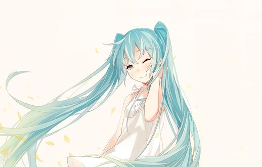 Обои на рабочий стол Vocaloid Hatsune Miku / Вокалоид Хатсунэ Мику подмигивает на белом фоне