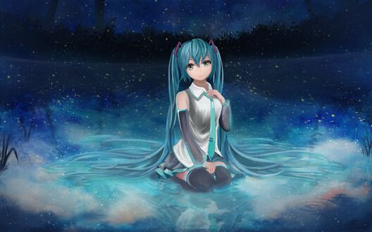 Обои на рабочий стол Vocaloid Hatsune Miku / Вокалоид Хатсунэ Мику силит на коленях под ночным звездным небом