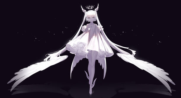 Обои на рабочий стол Vocaloid Hatsune Miku / Вокалоид Хатсунэ Мику в белом одеянии на темном фоне, автор Yoggi (stretchmen)