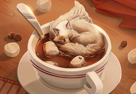 Обои на рабочий стол Чашка с кофе на блюдце с лисой, by Samantha Stahlke