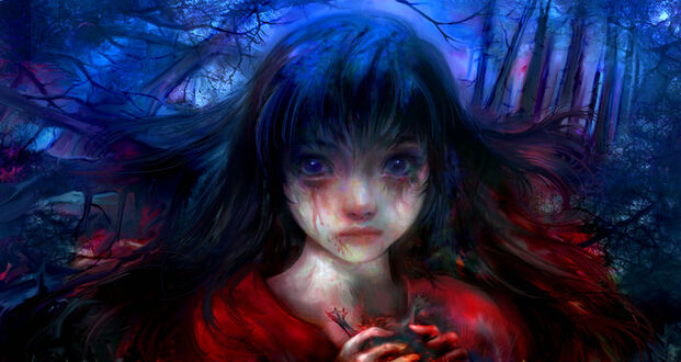 Обои на рабочий стол Девушка держит в руках жабу, стоя в ночном лесу, by 00