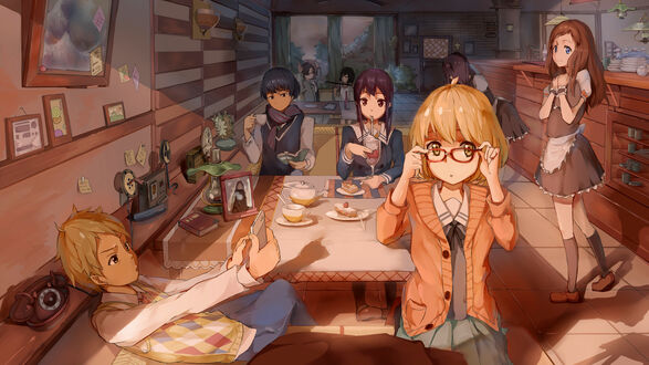 Обои на рабочий стол Mirai Kuriyama / Мирай Курияма, Akihito Kanbara / Акихито Камбара, Hiroomi Nase / Хироми Насэ, Mitsuki Nase / Мицуки Насэ, Ai Shindou / Ай Синдо и Sakura Inami / Сакура Инами из аниме Kyoukai no Kanata / По ту сторону границы