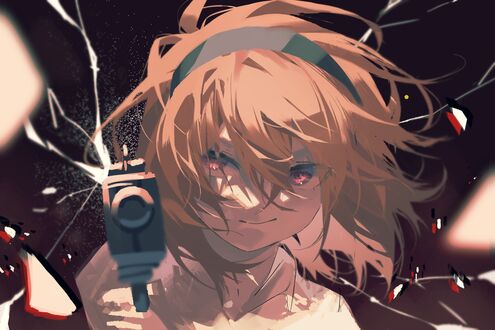 Обои на рабочий стол Сатоко Ходзе / Satoko Houjou из аниме Когда плачут цикады / Higurashi no Naku Koro ni с пистолетом в руке