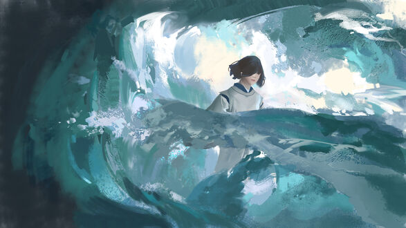 Обои на рабочий стол Хаку / Haku из аниме Унесенные призраками / Sen to Chihiro no Kamikakushi стоит среди волн