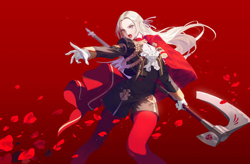 Обои на рабочий стол Edelgard von Hresvelg / Эдельгард фон Хресвельг с топором в руке на красном фоне, персонаж из видеоигры Fire Emblem: Three Houses