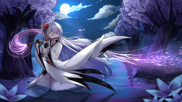 Обои на рабочий стол Shoukaku / Секаку согнув колени сидит на мелководье и играет на флейте, персонаж из мобильной браузерной игры Azur Lane