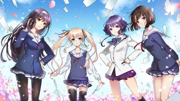 Обои на рабочий стол Utaha Kasumigaoka / Утаха Касумигаока, Eriri Spencer Sawamura / Эрири Спенсер Савамура, Michiru Hyoudou / Мичиру Хедо и Megumi Katou / Мэгуми Като из аниме Saenai Heroine no Sodatekata / Как воспитать героиню из обычной девушки