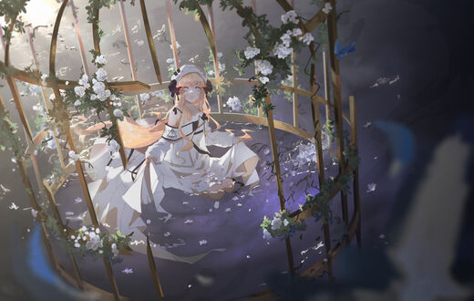 Обои на рабочий стол Найтингейл / Nightingale из игры Arknights сидит в клетке