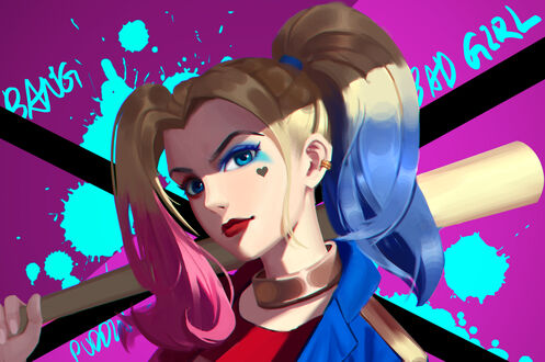 Обои на рабочий стол Harley Quinn / Харли Квинн на розовом фоне с голубыми брызгами