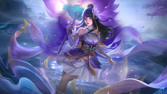 Обои на рабочий стол Kagura / Кагура из игры Mobile Legends: Bang Bang! держит в руке огромный лотос