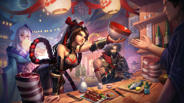 Обои на рабочий стол Hanabi / Ханаби, Hayabusa / Хаябуса и Kagura / Кагура из игры Mobile Legends: Bang Bang!
