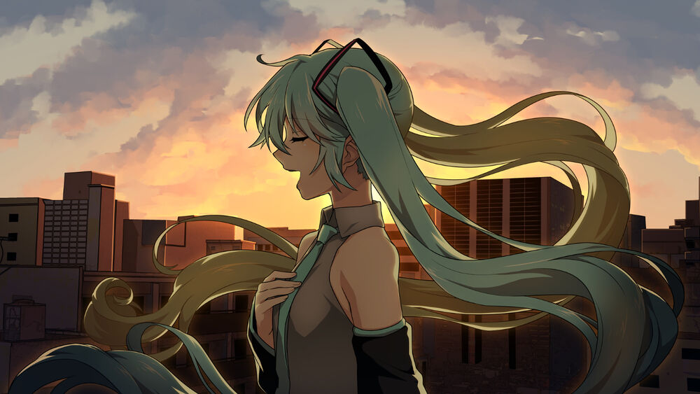 Обои для рабочего стола Vocaloid Hatsune Miku / Вокалоид Хатсунэ Мику стоит на фоне домов и облачного неба с солнцем