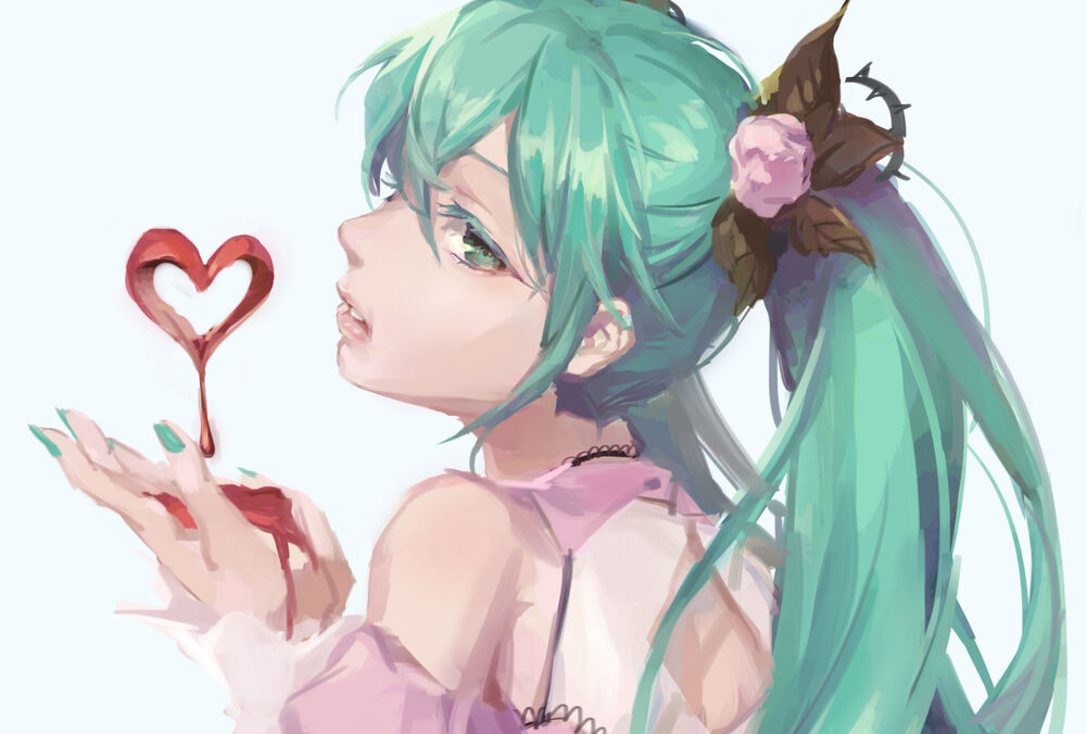 Обои для рабочего стола Vocaloid Hatsune Miku / Вокалоид Хатсунэ Мику с сердцем из крови на руками