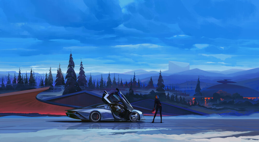 Обои для рабочего стола Девушка стоит возле спорткара McLaren Speedtall, digital art by Igor Artyomenko