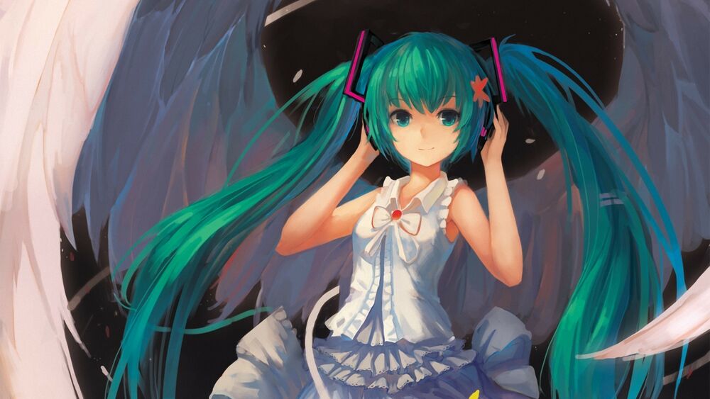 Обои для рабочего стола Vocaloid Hatsune Miku / Вокалоид Хатсунэ Мику с белыми ангельскими крыльями