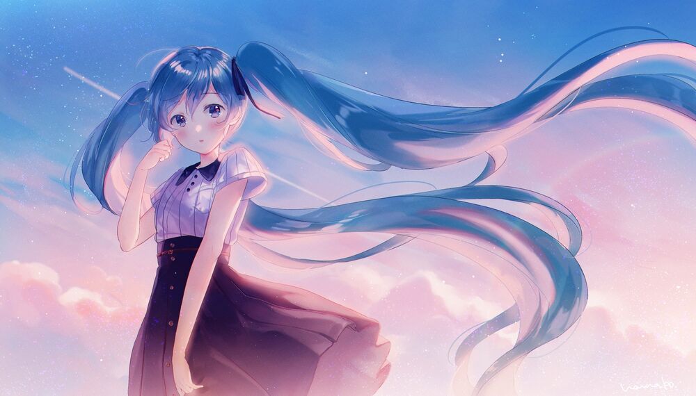 Обои для рабочего стола Vocaloid Hatsune Miku / Вокалоид Хатсунэ Мику в темной юбке на фоне розово-голубого неба