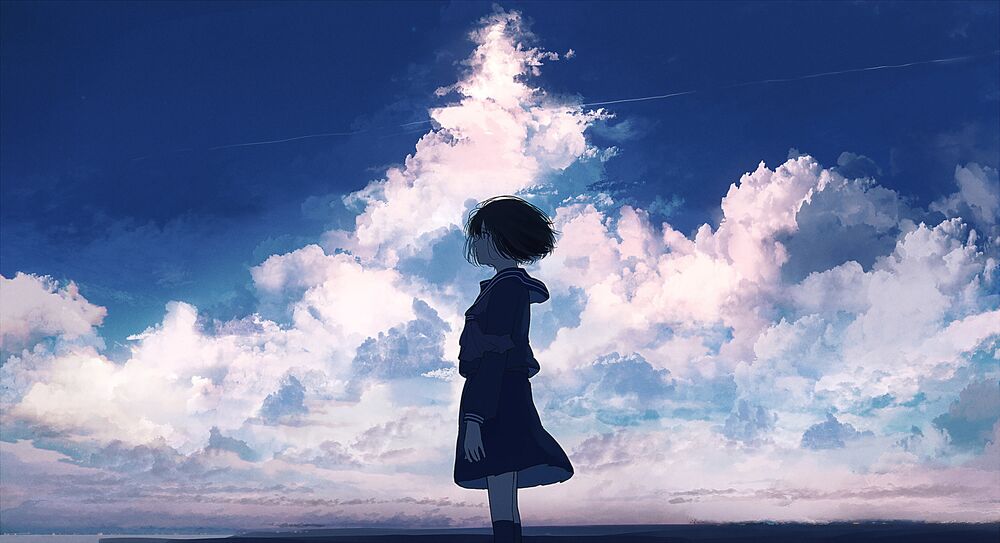 Обои для рабочего стола Девушка в школьной форме стоит на фоне облачного неба