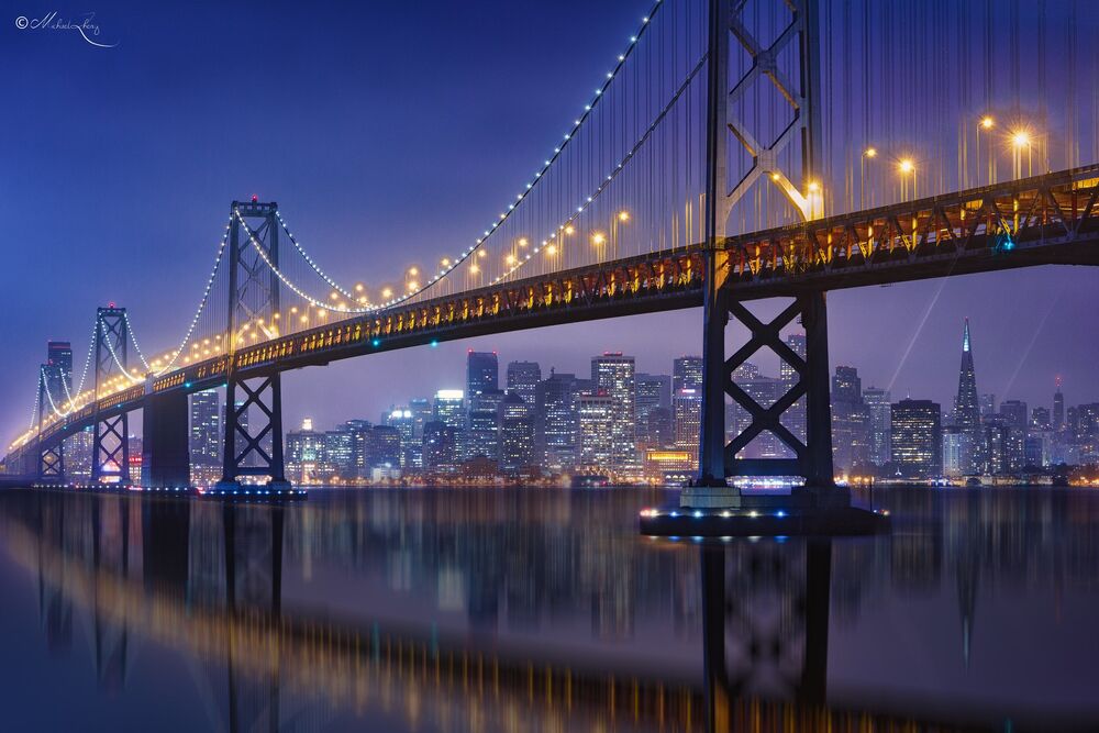 Обои для рабочего стола Мост Золотые Ворота / Golden Gate Bridge на фоне вечернего San Francisco / Сан-Франциско, by Michael Zheng