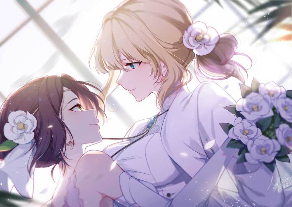 Обои для рабочего стола Isabella York / Изабелла Йорк и Violet Evergarden / Вайолет Эвергарден персонажи из анимационного фильма Violet Evergarden Gaiden: Eien to Jidou Shuki Ningyou / Вайолет Эвергарден: Вечность и призрак пера, art by Slyvia